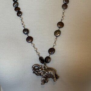 Genuine pearl and sterling silver elephant pendant necklace